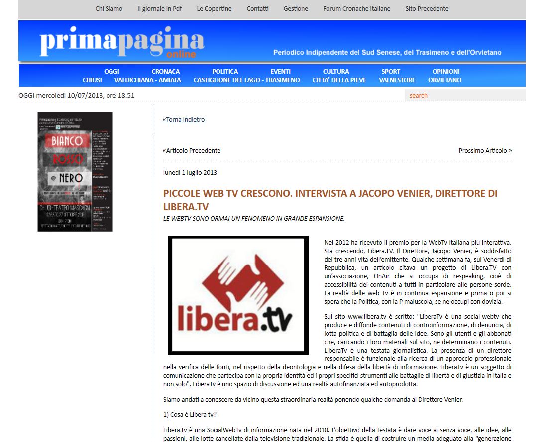 LIBERA TV – Ne parla Prima Pagina e Venerdi’ di Repubblica