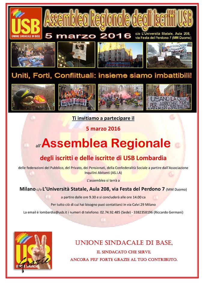 5 marzo: Assemblea regionale delegati e iscritti USB della Lombardia